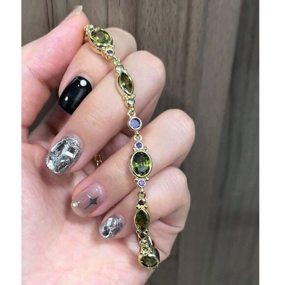 Gold Gemstone Link Bracelet Smlated Peridot & Amethyst Crystal Multicolor Charm - Picture 2 of 5